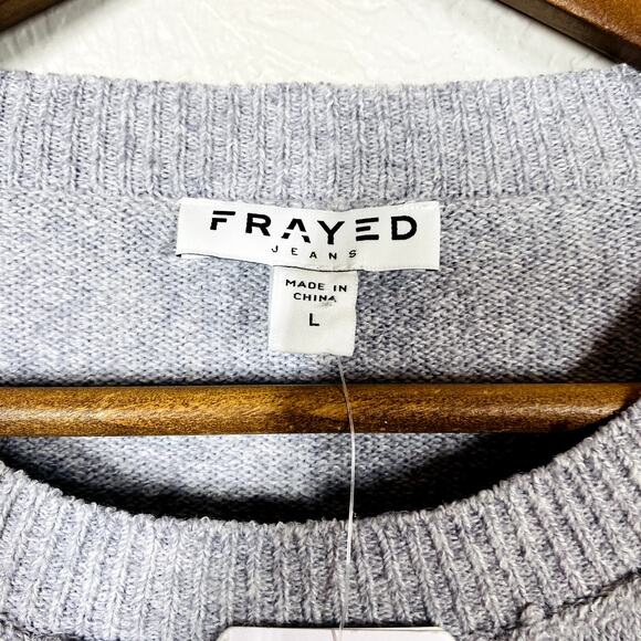 NEW! Frayed Jeans Crewneck Sweater Inside Out Stitch Puffy Paint Look Eye - L - Picture 3 of 4